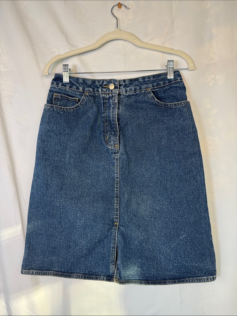 Esprit Vintage 80’s Dark Blue Denim Skirt with Red Logo Patch